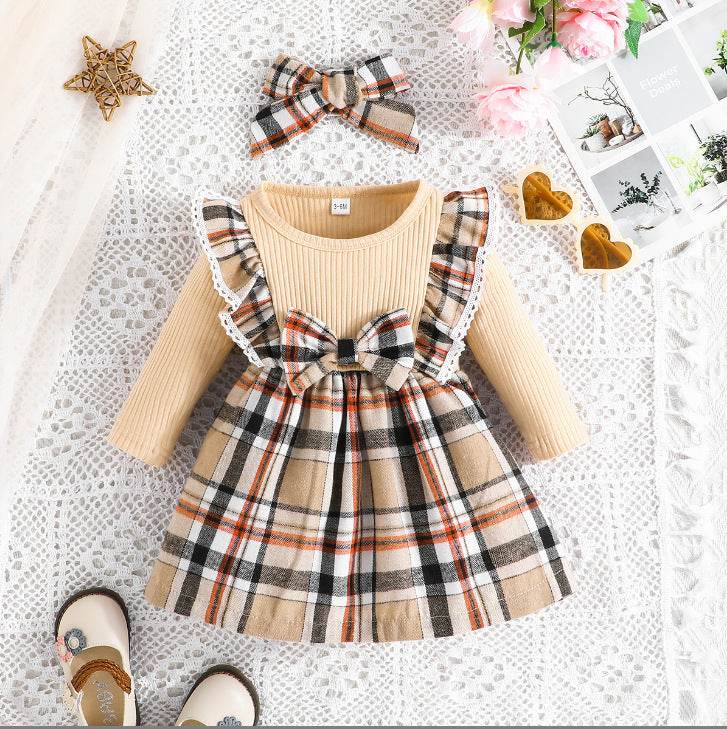 Girl's Christmas Style Plaid Long Sleeve Dress with Bow