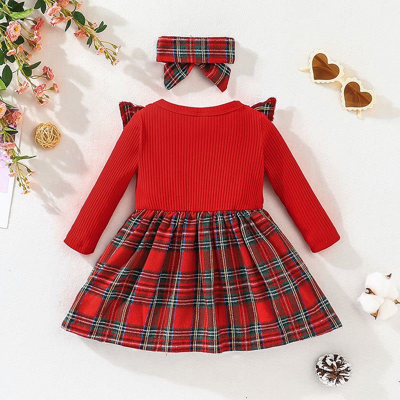 Girl's Christmas Style Plaid Long Sleeve Dress with Bow