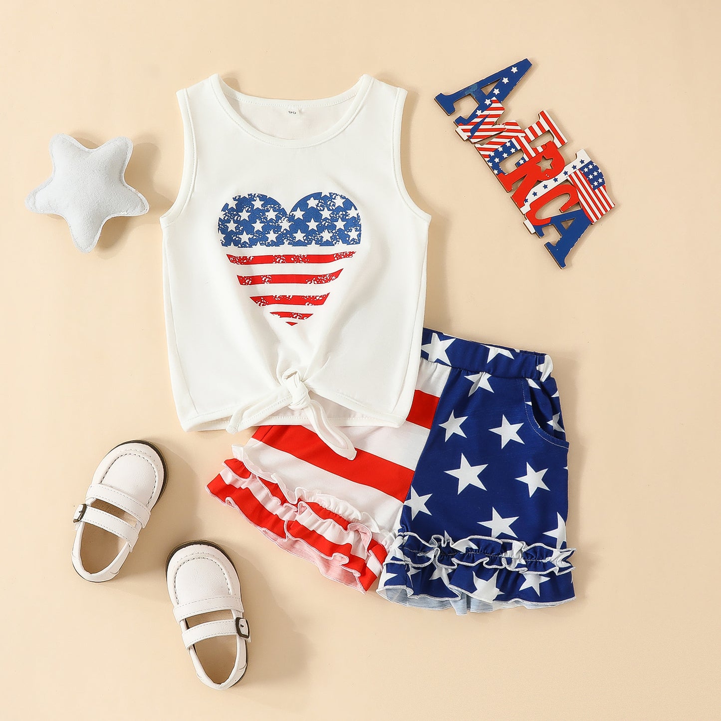 Girl's White Love America Tank Top Shorts Set