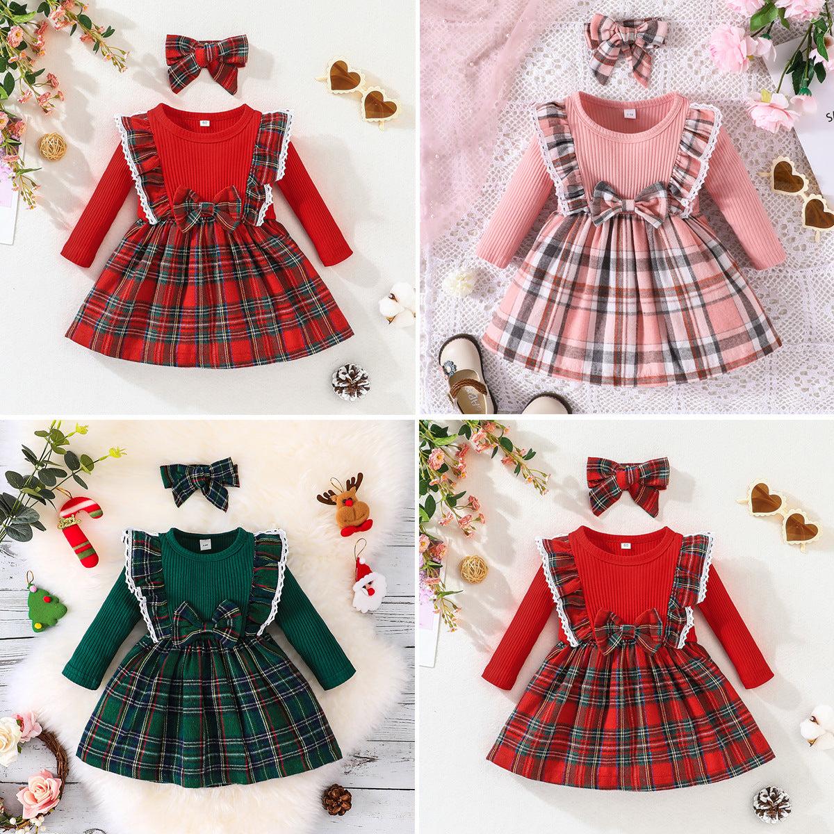 Girl's Christmas Style Plaid Long Sleeve Dress with Bow