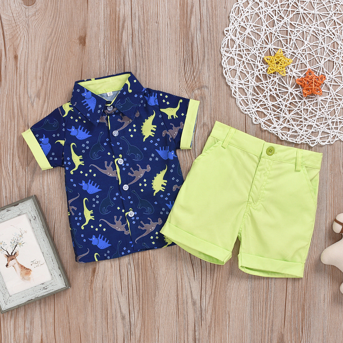 Blue Printed Dinosaur Short-sleeved with Shorts Set