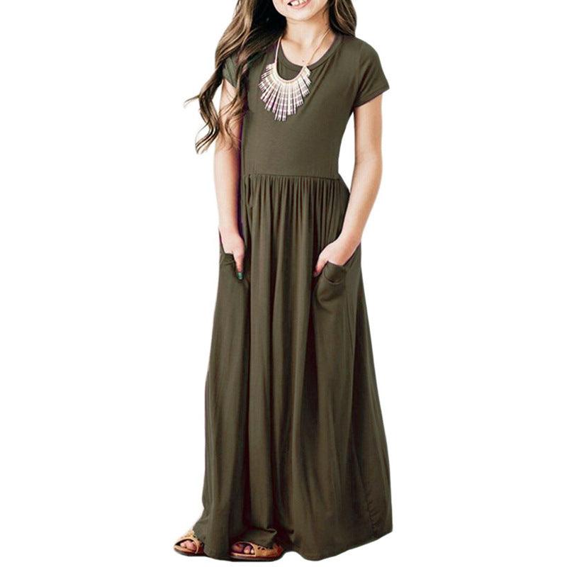 Girls Comfortable Short Sleeve Solid Color Dress with Pockets