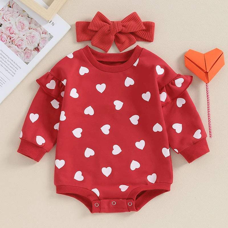 Cute Cotton Love Long-sleeve Onesie with Bow Two-piece Set