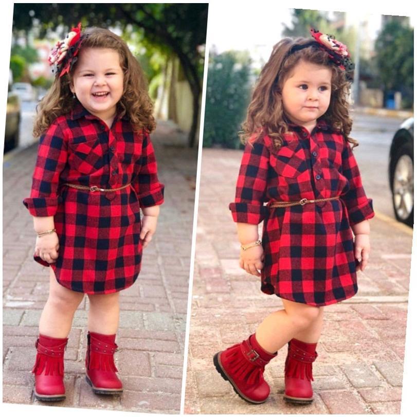 Girls long sleeve red plaid dress with belt, suitable for infants and children, European and American style, cotton fabric.