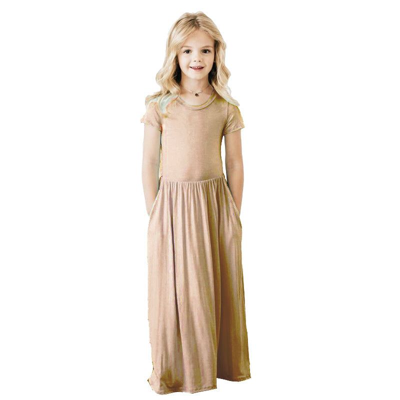 Girls Comfortable Short Sleeve Solid Color Dress with Pockets