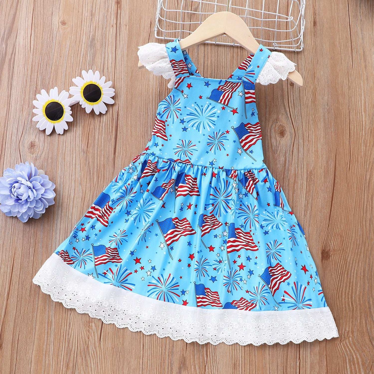 Girls Summer Sleeveless Holiday Firework Flag Dress