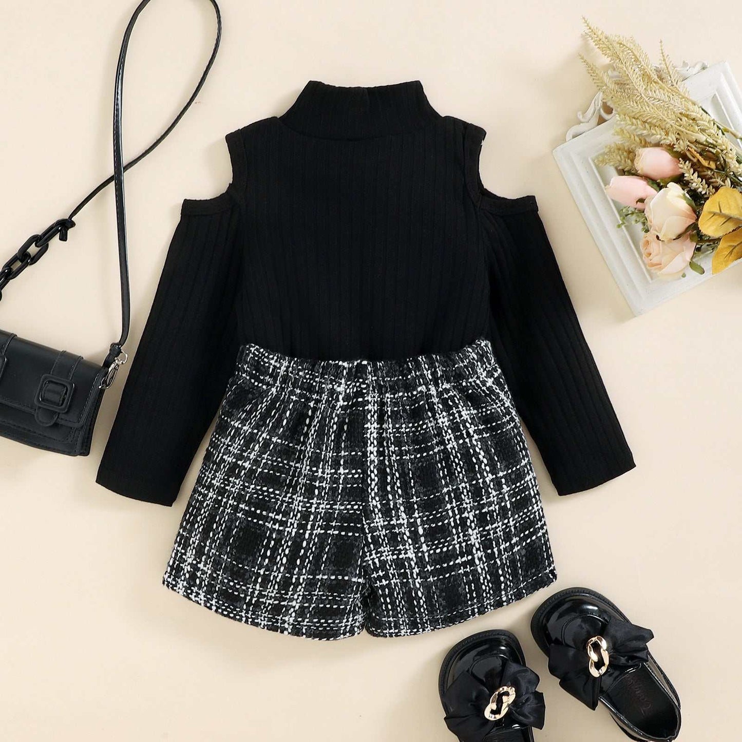 Big Girls Off-the-shoulder Top Tweed Plaid Classic Style Shorts Suit
