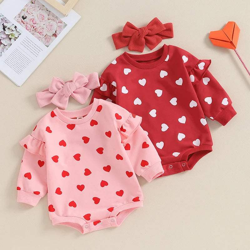 Cute Cotton Love Long-sleeve Onesie with Bow Two-piece Set