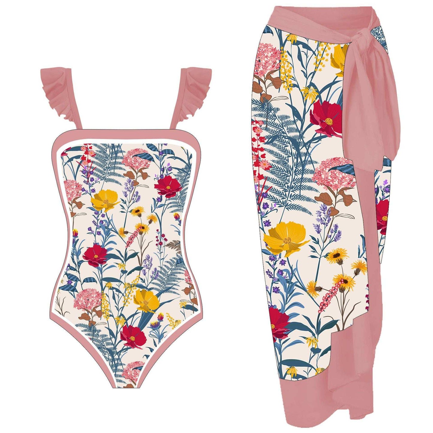 Girls One-piece Swimming Suit with Bottom Cover Set