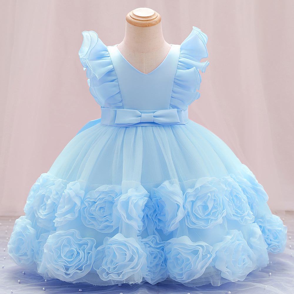 Girls Vested Sleeve Solid Color Princess Pageant Dress