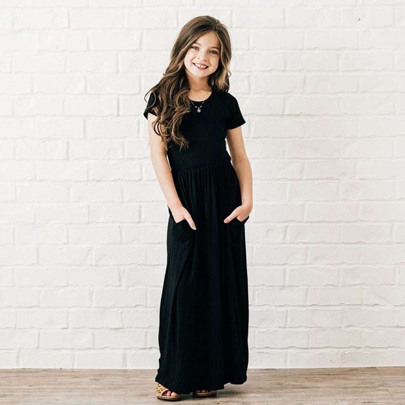 Girls Comfortable Short Sleeve Solid Color Dress with Pockets