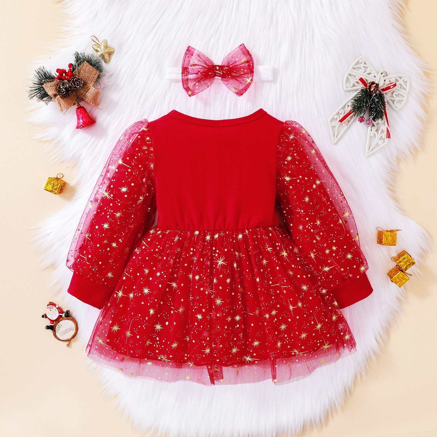 Santa Letter Printed Mesh Puff Long sleeve Dress with Bow