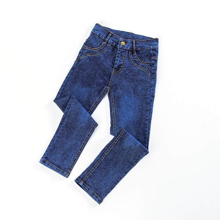 Boys' flat stretch slim long jeans in solid blue color, fashion style.