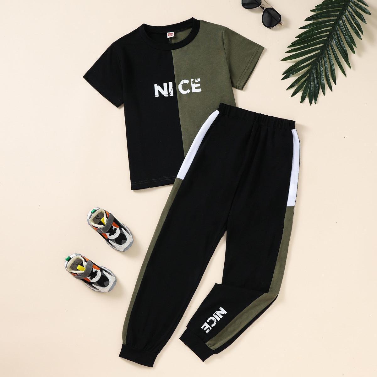 Kids khaki and black short sleeve t-shirt with jogging pants set.