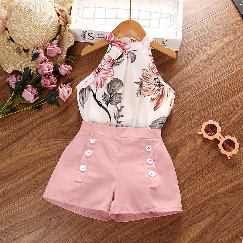 GIrls Floral Summer Printed Halter Top with Shorts
