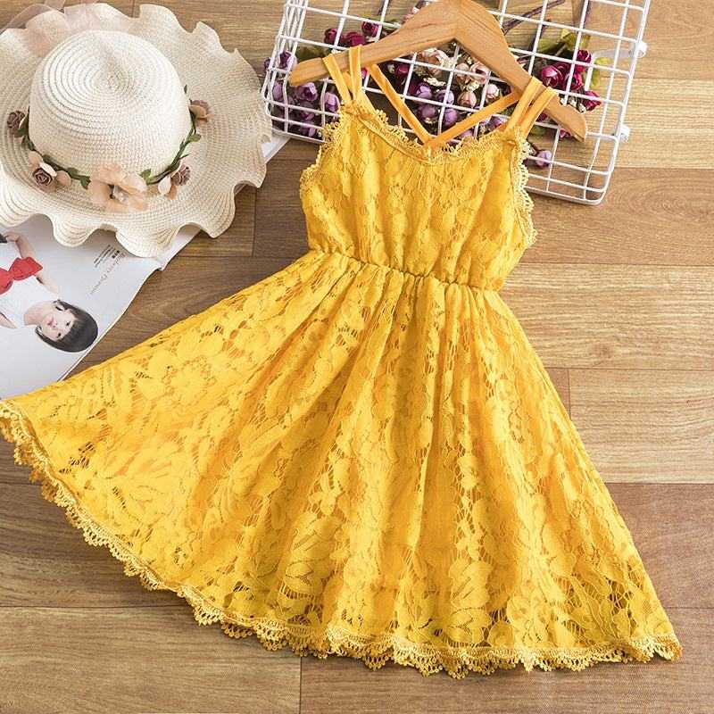 Girls Summer Solid Color Suspender Lace Cross Back Dress