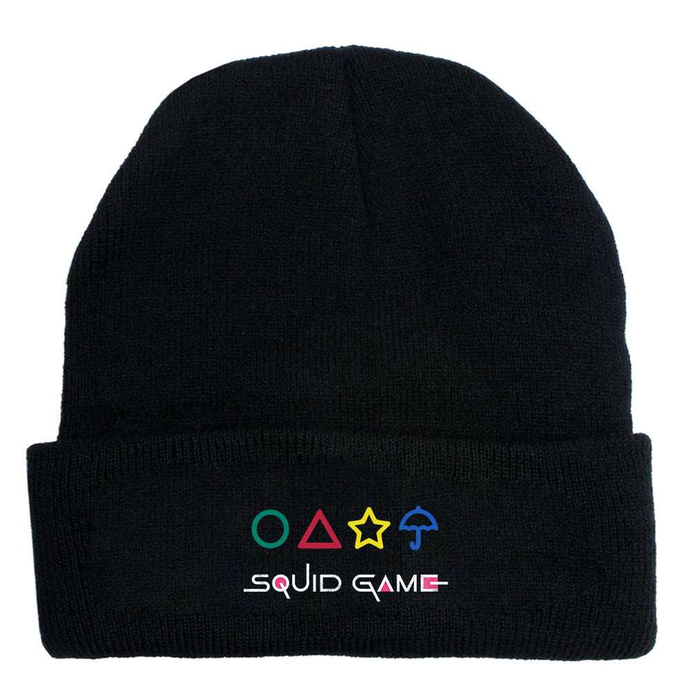 Simple knitted beanie with 2D digital printing, wool material, flat top style, black color, Squid Game design.