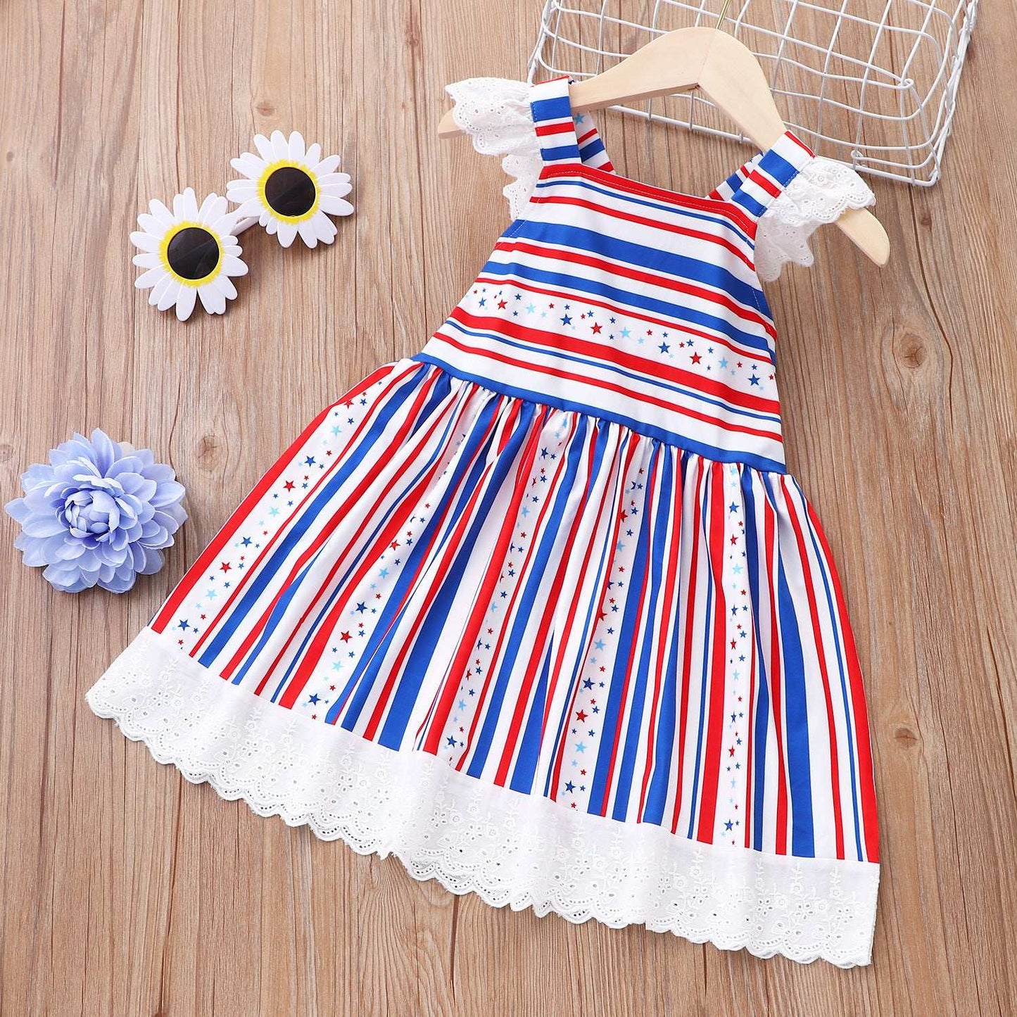 Girls Summer Sleeveless Holiday Firework Flag Dress