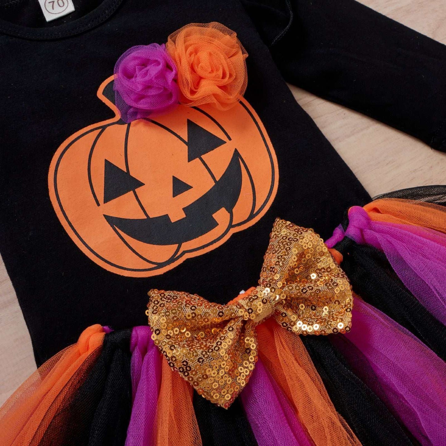 Halloween Printed Smiley Face Pumpkin Mesh Skirt Three-piece Set