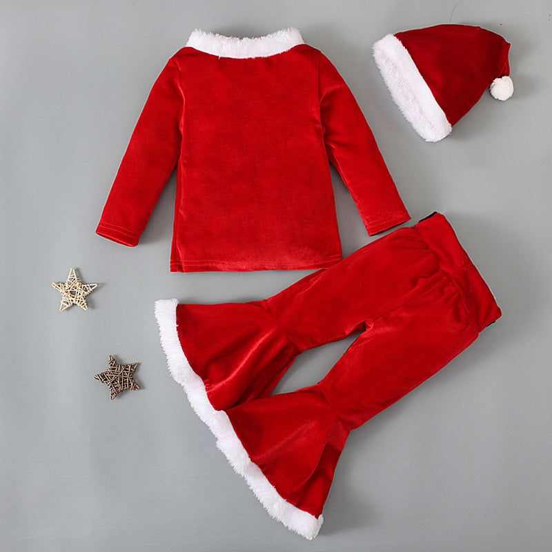 Christmas Plush Top Bell-bottom Pants Hat Three-piece Set