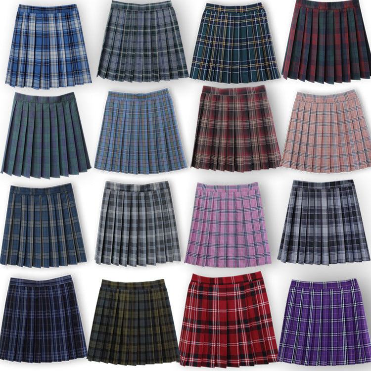 Various colorful pleated tartan skirts featuring plaid patterns in sizes XS to 4XL.