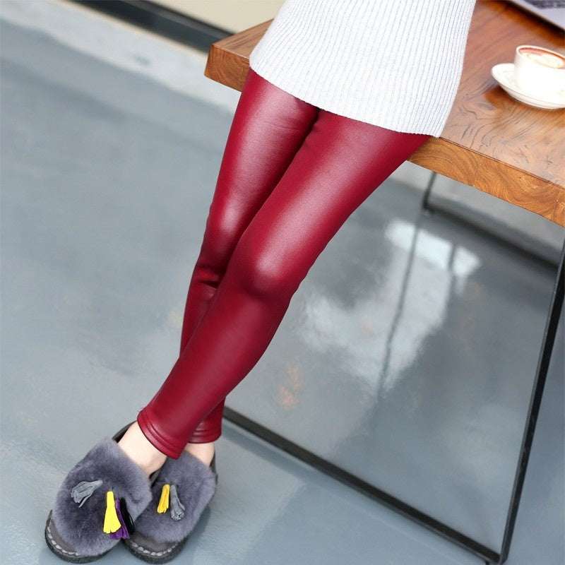 Girls Winter Style Solid Colors Fleece Leather legging Pants