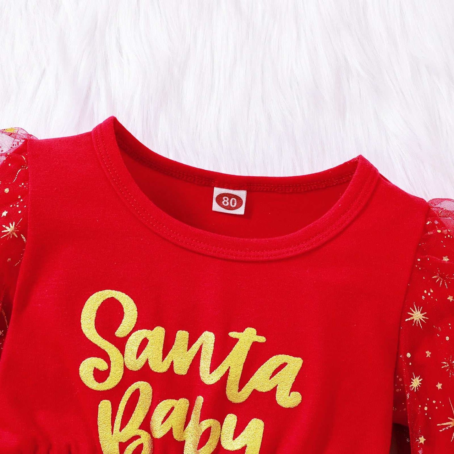 Santa Letter Printed Mesh Puff Long sleeve Dress with Bow