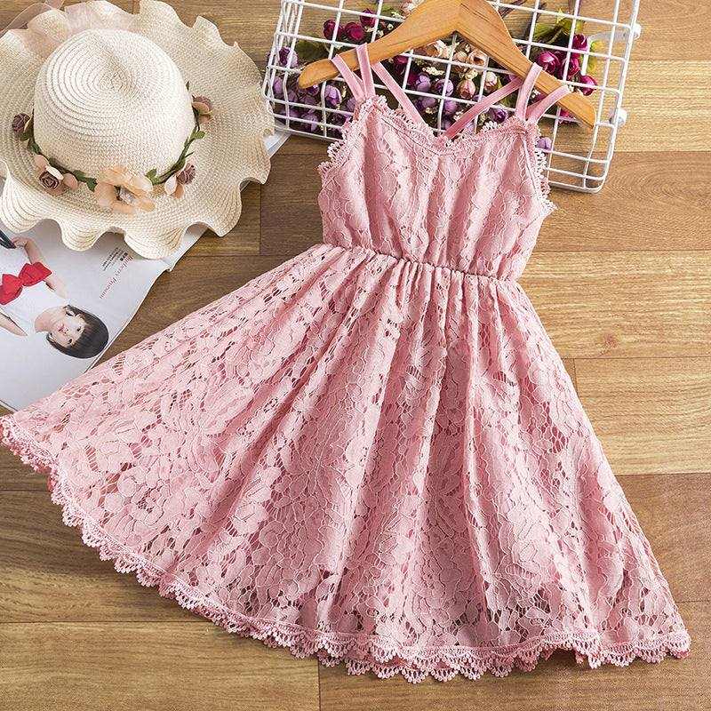 Girls Summer Solid Color Suspender Lace Cross Back Dress