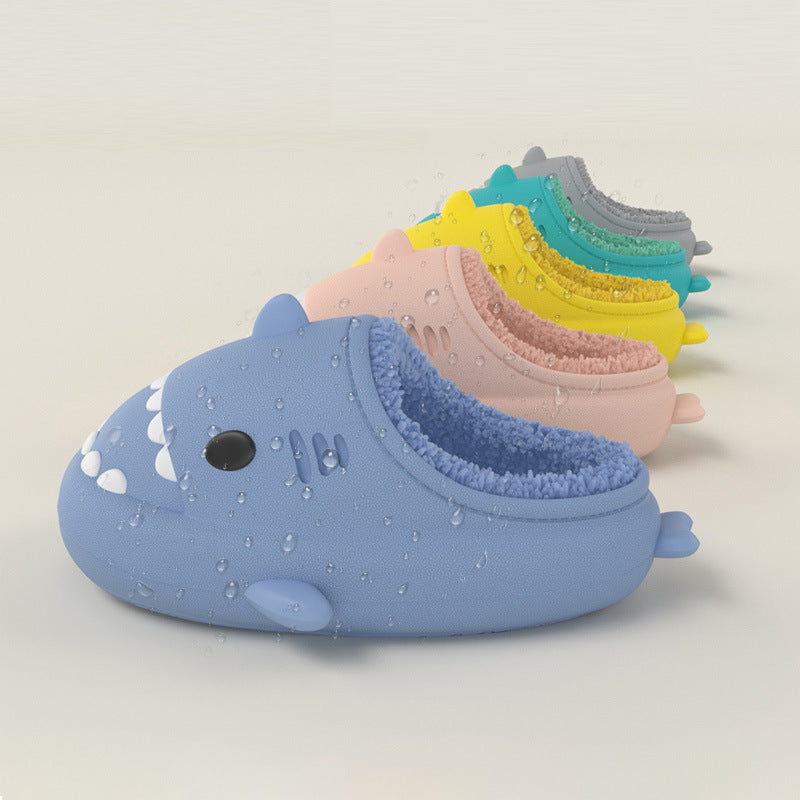 Cute shark waterproof slippers for kids in various colors.