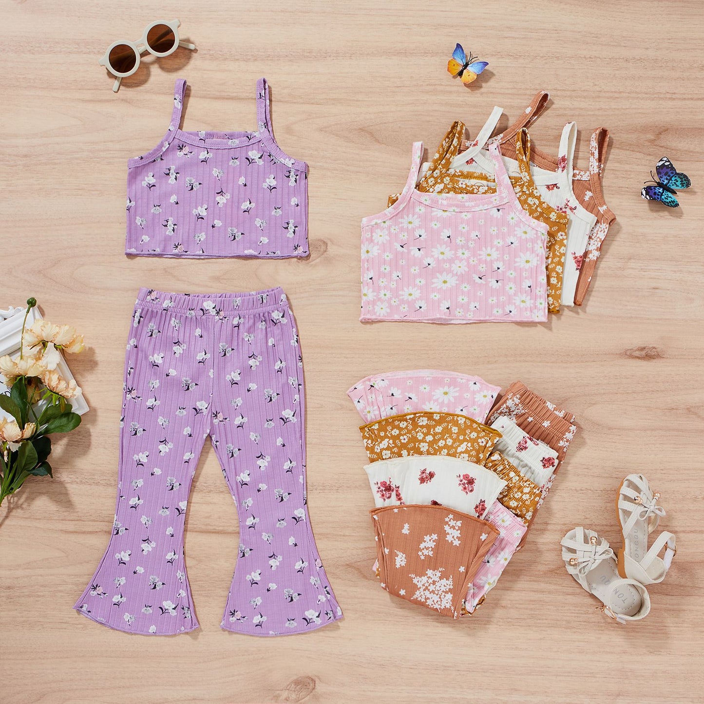 Floral Strap Tank Top with Bell-bottom Pants Set
