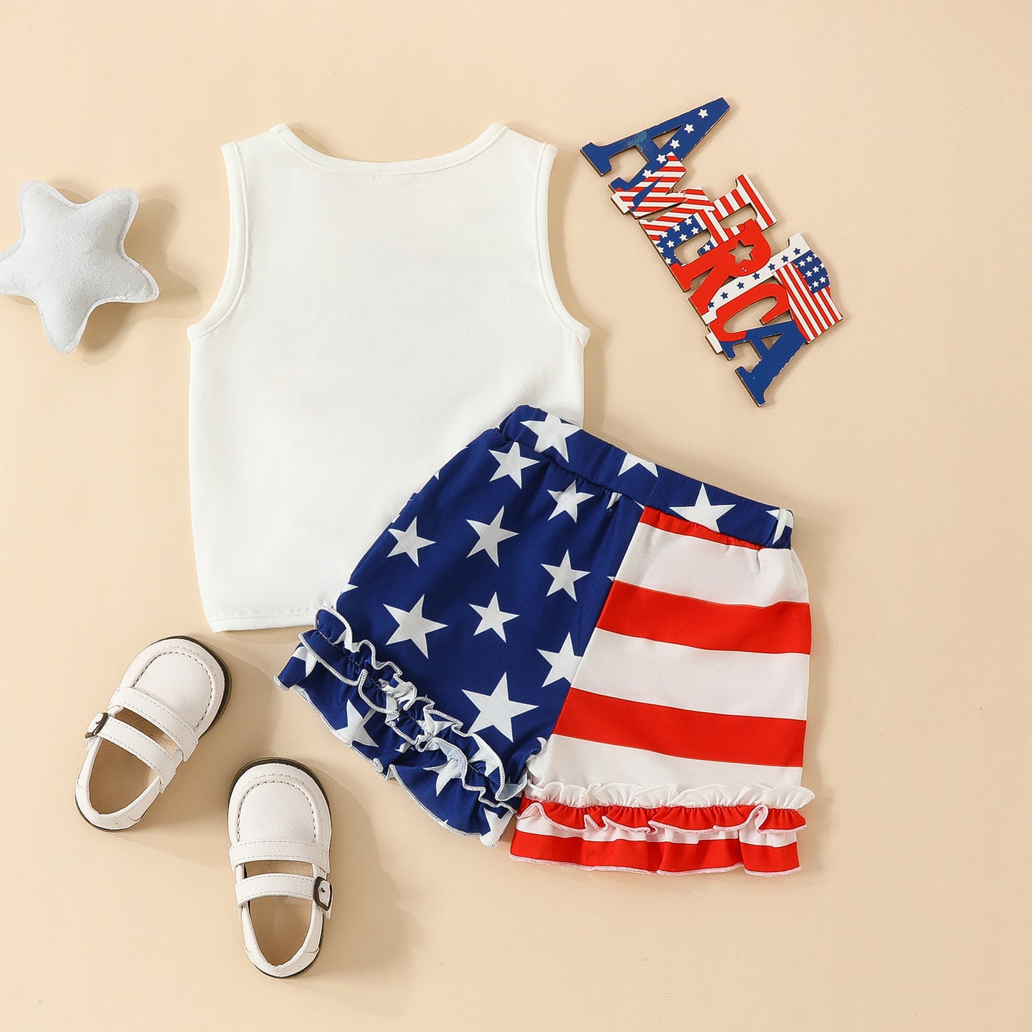 Girl's White Love America Tank Top Shorts Set