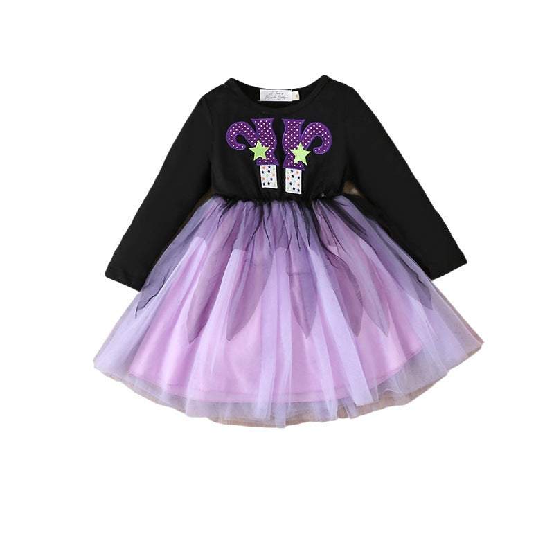 Girls Cute Spooky Halloween Witch Theme Trendy Long Sleeve Dress