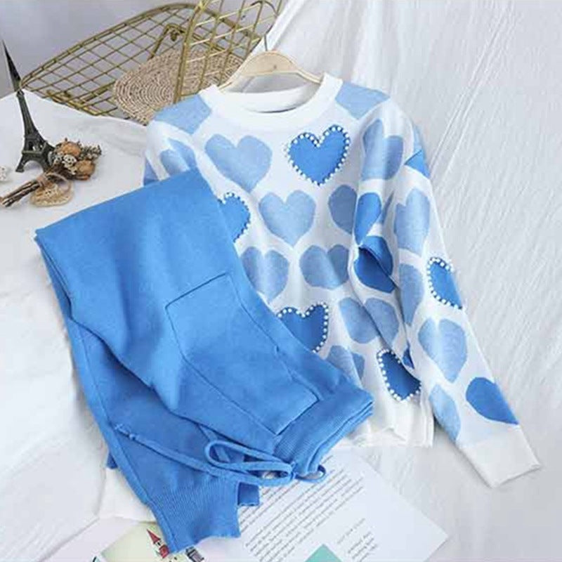 Heart-shaped Beaded Sportswear Pullover Knit Set