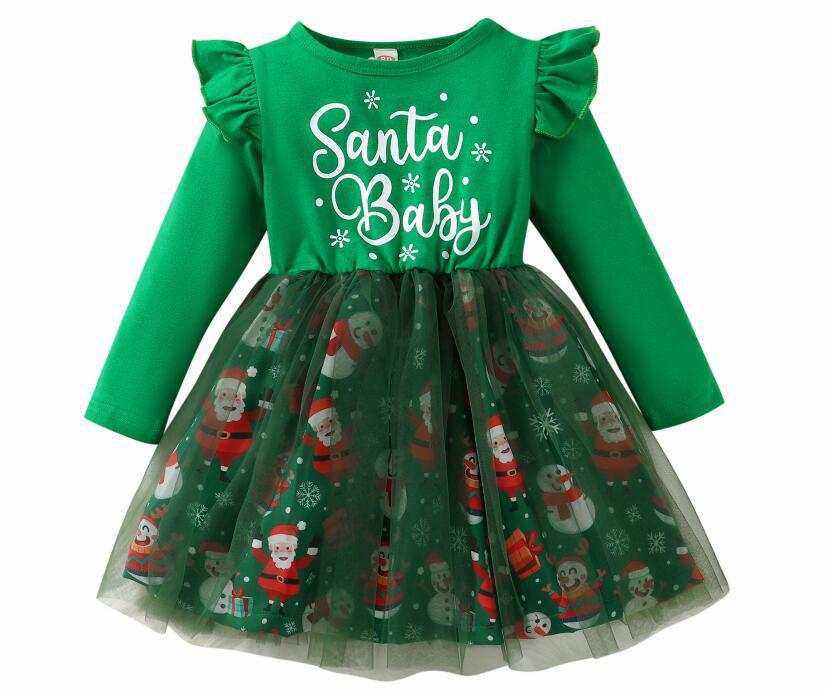 Christmas Snowflake Long Sleeve Letter Mesh Fluffy Stitching Dress