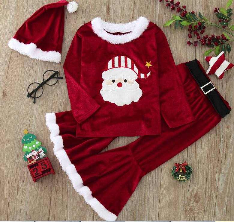 Christmas Plush Top Bell-bottom Pants Hat Three-piece Set