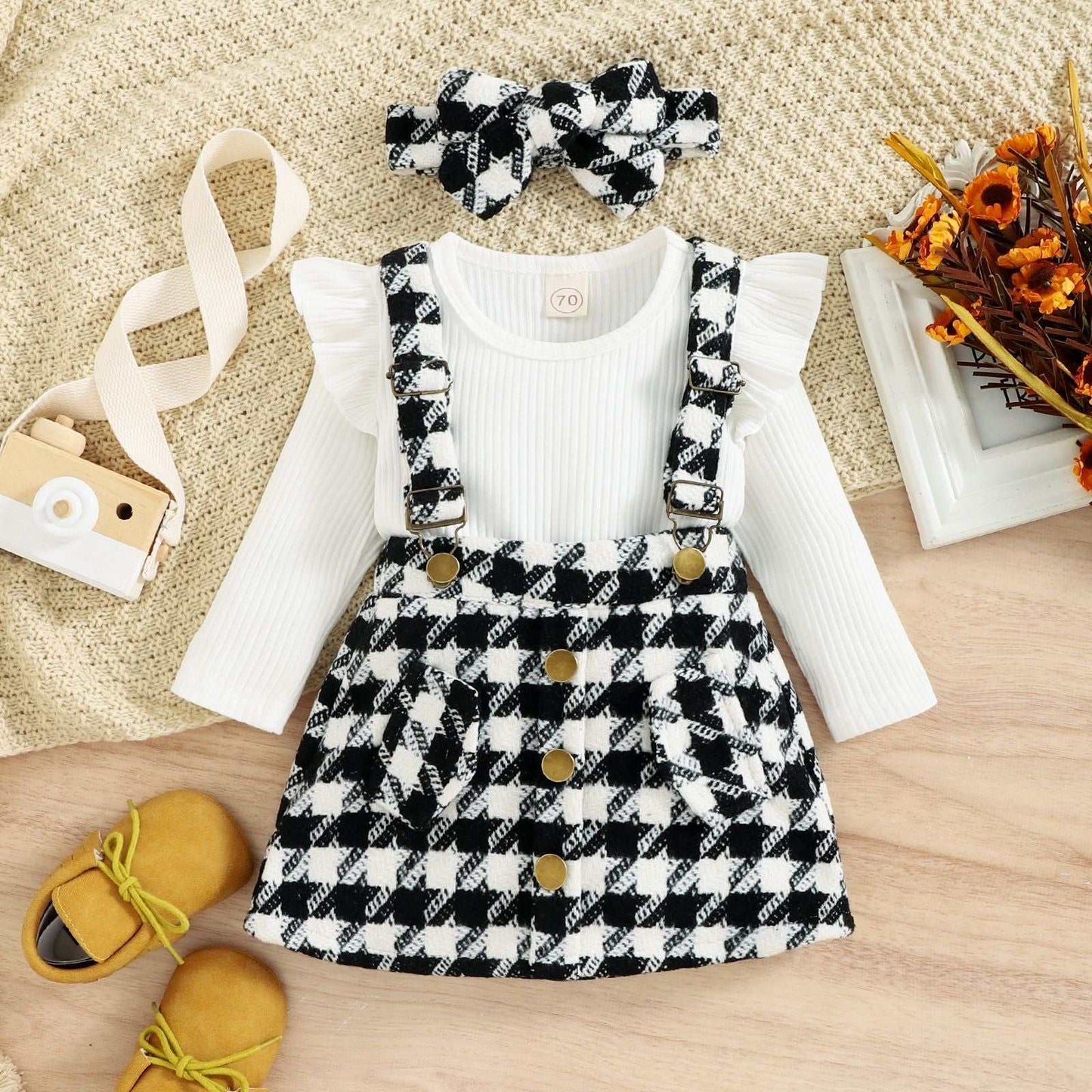 Girls Pattern Overalls with Long Sleeve Ruffle Shirt