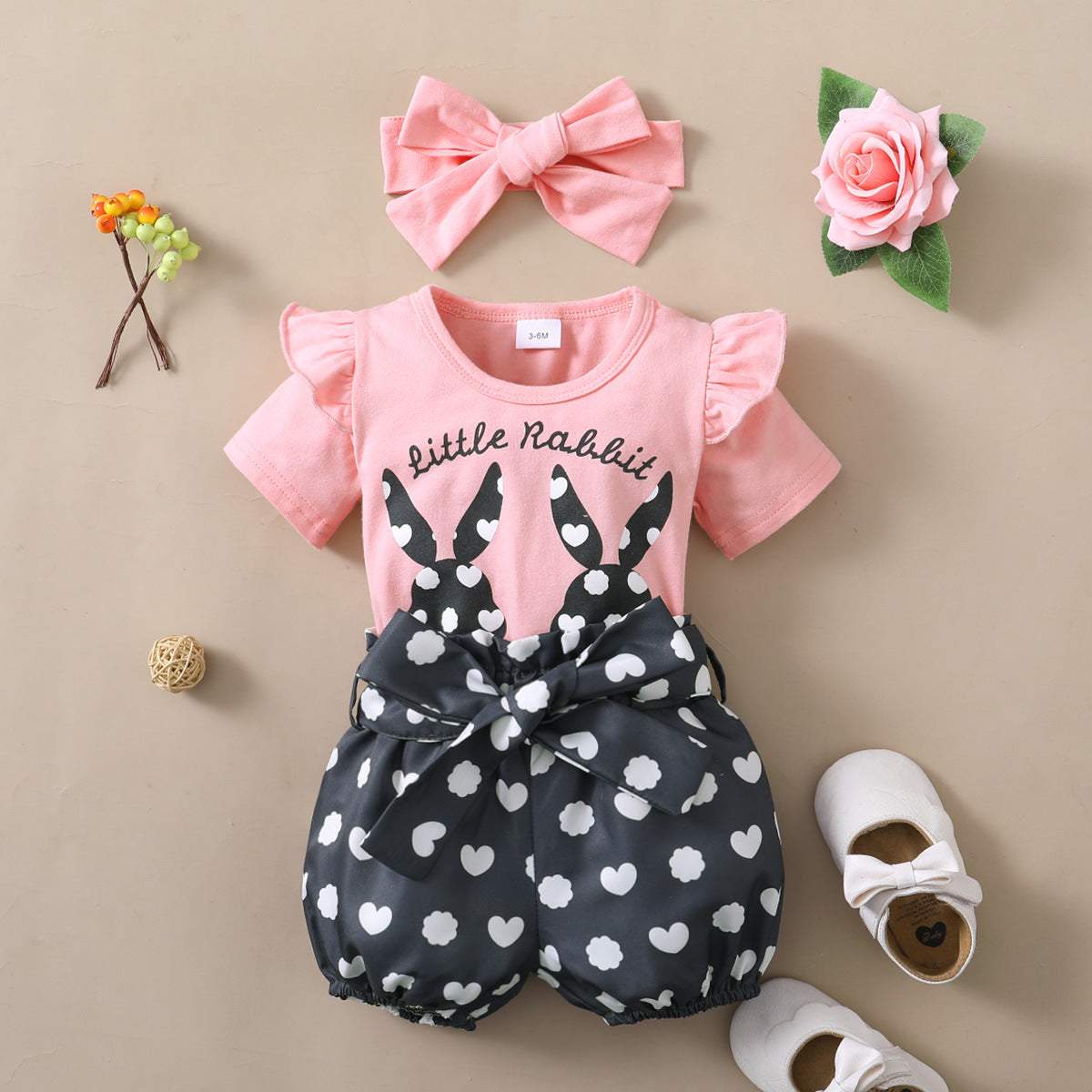 Girls Rabbit Printed Short-sleeved Top Polka Dot Shorts with Bow