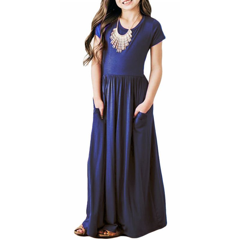 Girls Comfortable Short Sleeve Solid Color Dress with Pockets