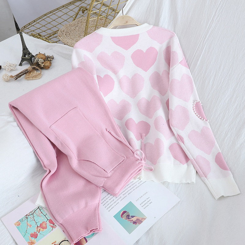 Heart-shaped Beaded Sportswear Pullover Knit Set