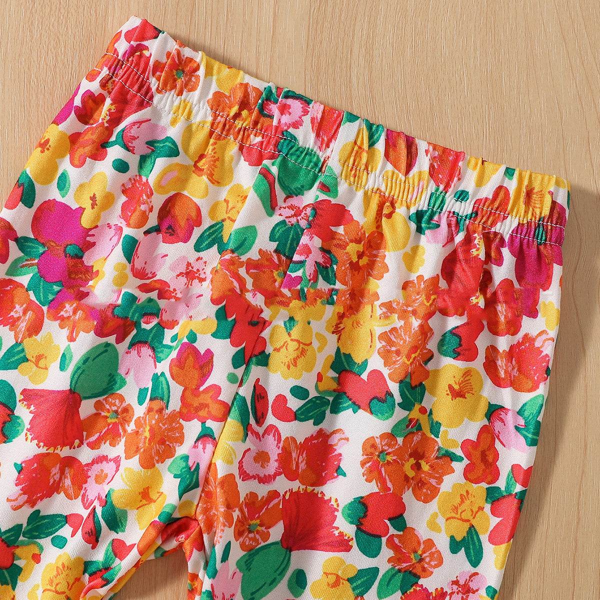 Autumn Girls' Printed Long Sleeve Floral Bell-bottom Pants Suit