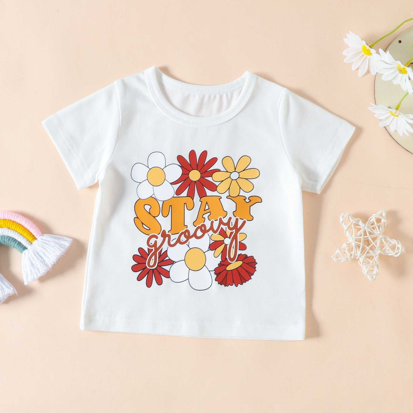 Girls Stay Groovy T-shirt With Floral Bell Bottom Pants