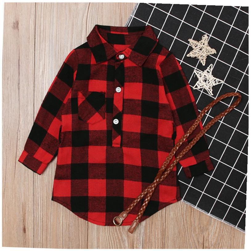 Girls Long Sleeve Red Plaid Dress With Belt