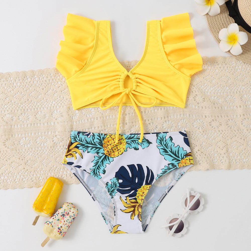Girls Split Swimwear Leaf Print Fashion Swimsuit