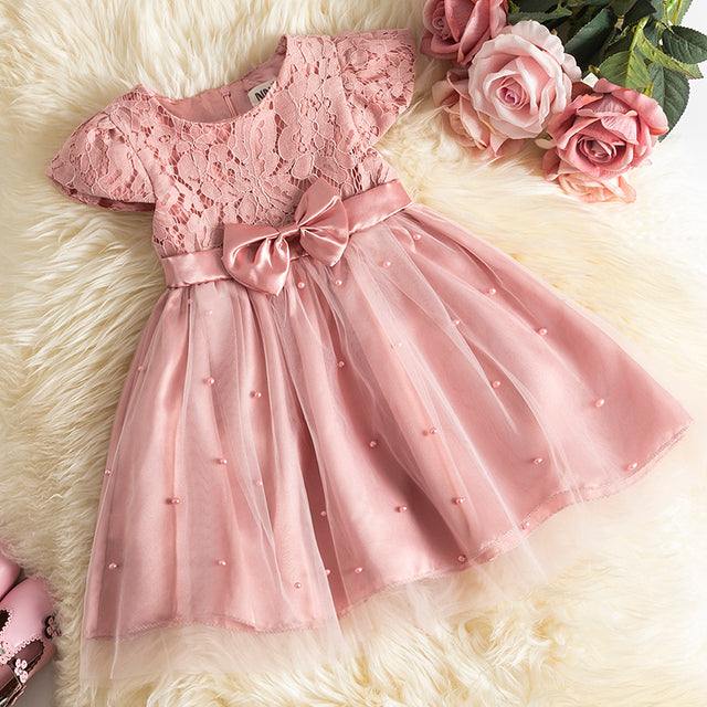 Toddler Baby Girls Lace Bow with Pearls Dresses