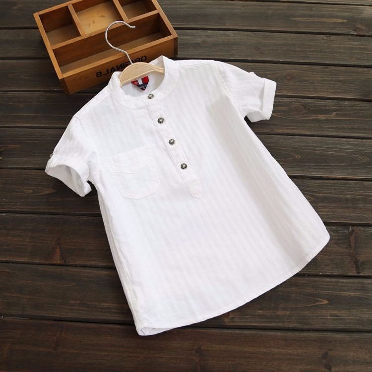 Casual big kids summer white short sleeve shirt with stripe design, made from polyester.