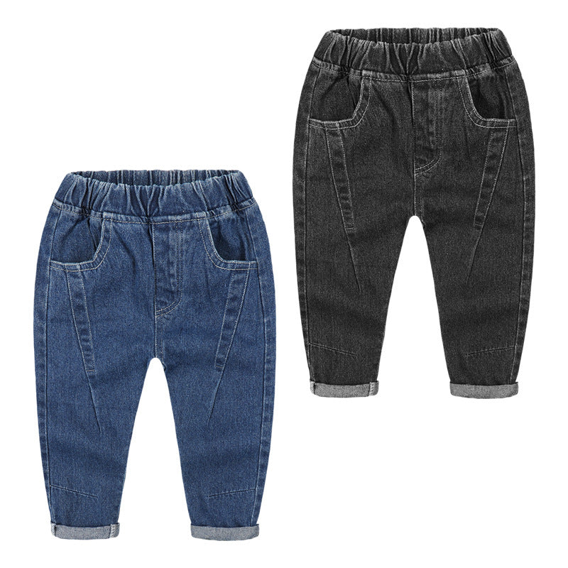 Boys black jeans long pants, cotton fabric.