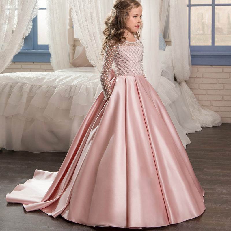 Mesh Long Sleeve Trailing Girls' Dress for ages 3-8, polyester and cotton blend, elegant design.