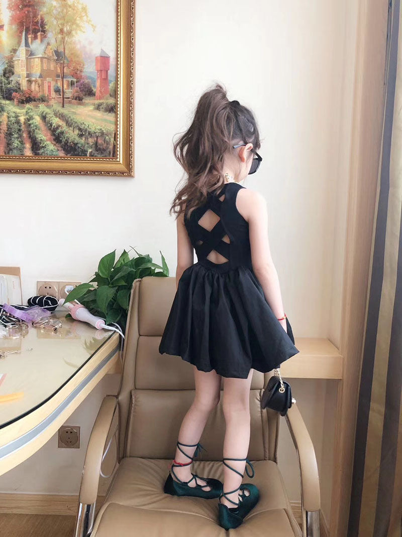 Girls Black Back Cross Puff Skirt Dress