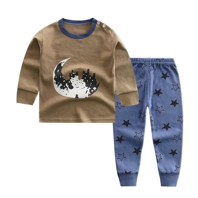 Children's long sleeve printed set with animal and star patterns, suitable for ages 3-8, made of soft cotton fabric, ideal for winter, spring, and autumn.