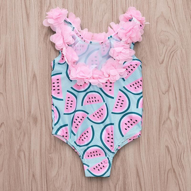 Watermelon Print Petal Lace Girl Swimsuit
